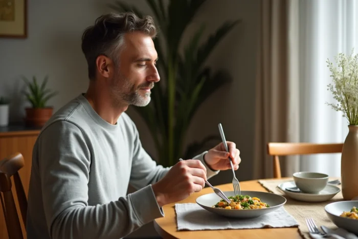 Homme posant ses couverts sur son assiette entre chaque bouchée lors d'un repas, mangeant lentement et consciemment