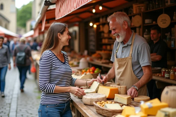 Femme achetant des produits locaux sur un marché traditionnel d'une commune corrézienne proche de Beynat