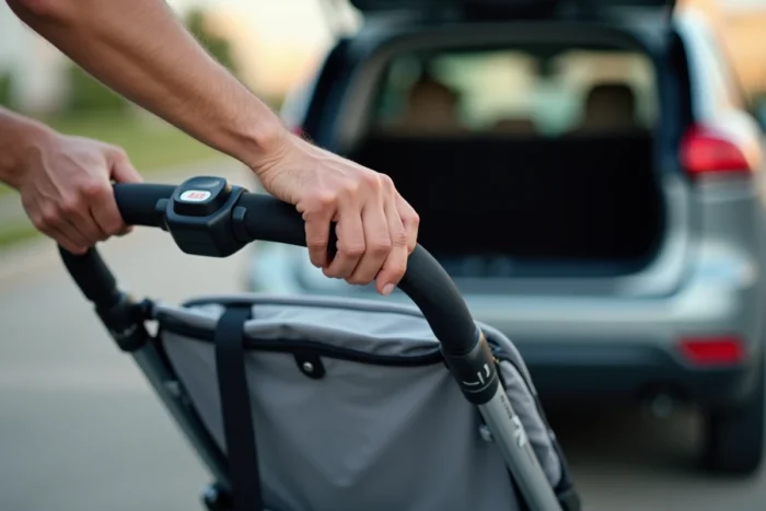 Gros plan sur le mécanisme de pliage de la poussette Trottine 55, mains appuyant sur le bouton de verrouillage