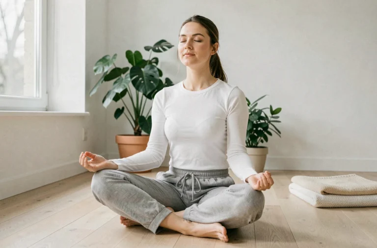 Femme pratiquant la méditation matinale dans un salon minimaliste pour améliorer son bien-être au quotidien