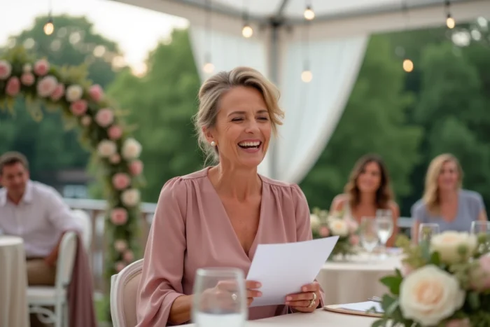 Mère du marié lisant un discours amusant lors d'un mariage en plein air sous une tente