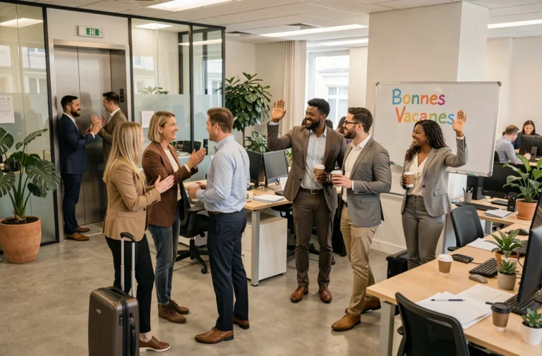 Collègues dans un open-space moderne qui s'échangent des vœux de bonnes vacances avant les congés d'été