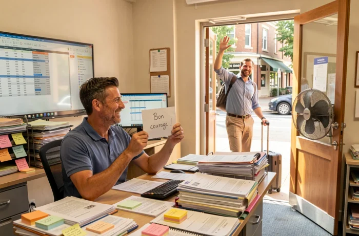Un collègue resté au bureau brandit une carte 'Bon courage' en souriant vers un collègue qui part en vacances avec sa valise