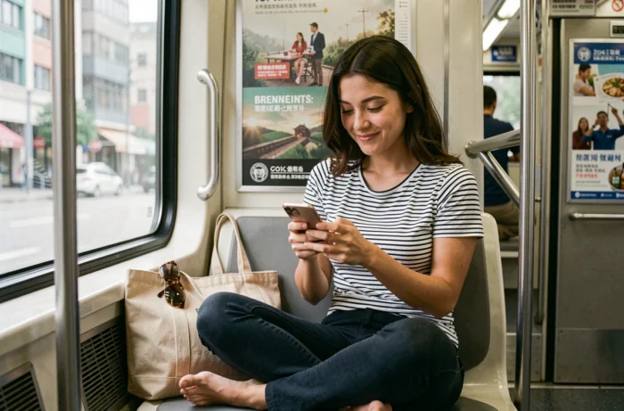 Une jeune femme envoie un message court de bonnes vacances par SMS sur son smartphone dans les transports en commun