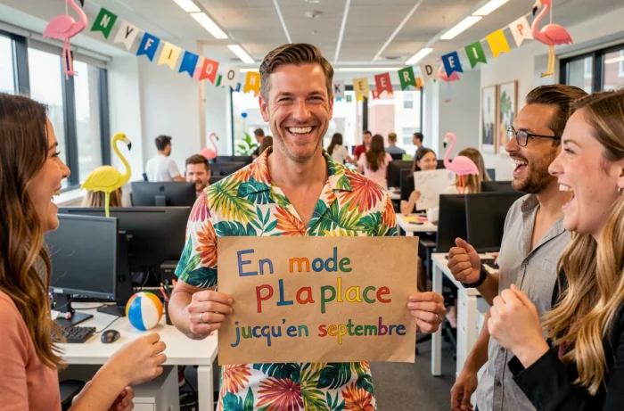Un collègue en chemise estivale brandit une pancarte humoristique devant ses collègues hilares dans un bureau décoré