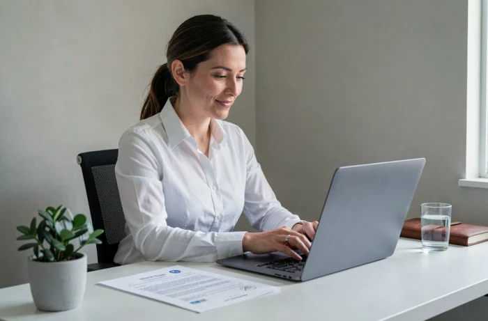 Une femme en chemise blanche rédige un message sobre de bonnes vacances par e-mail professionnel sur son ordinateur portable