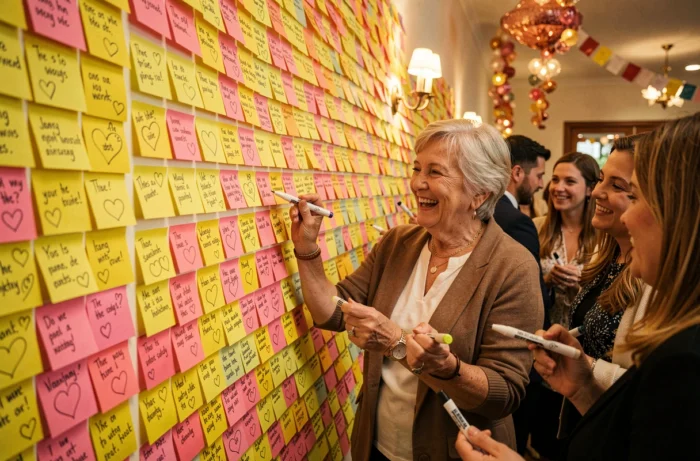 Un mur entier recouvert de post-it colorés avec des conseils humoristiques pour tenir 40 ans de plus, lu avec amusement lors d'un anniversaire