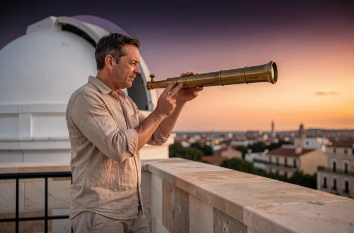 Homme observant le ciel crépusculaire avec un télescope depuis la terrasse d'un observatoire lors d'un voyage astronomique