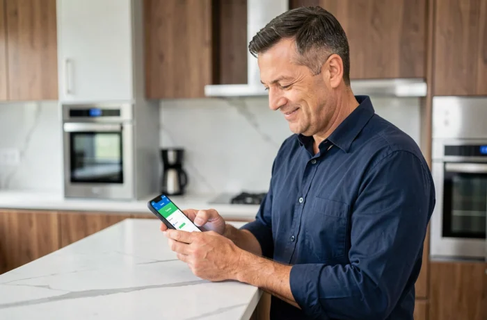 Homme utilisant son smartphone pour un paiement en ligne sécurisé dans une cuisine moderne, illustrant les alternatives fiables à Wifrad en 2026