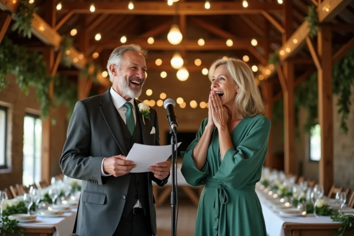 Parents du marié souriant ensemble au micro pendant un discours humoristique dans une grange de mariage