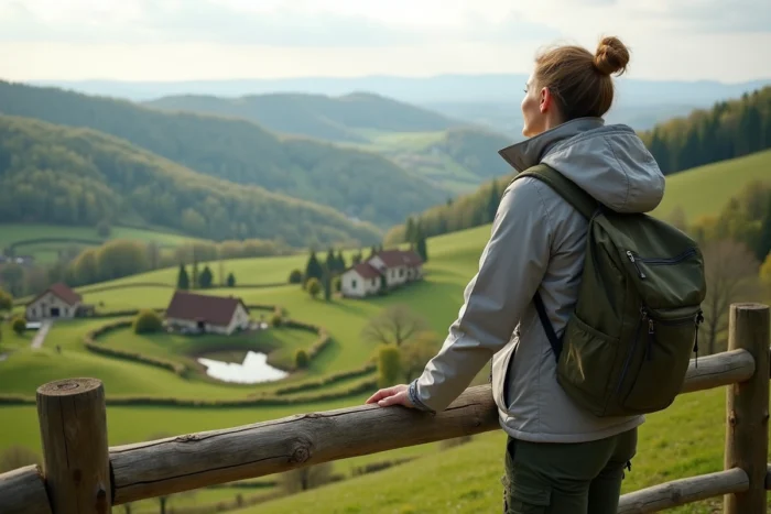 Femme admirant le paysage vallonné de la campagne corrézienne depuis un belvédère près de Beynat