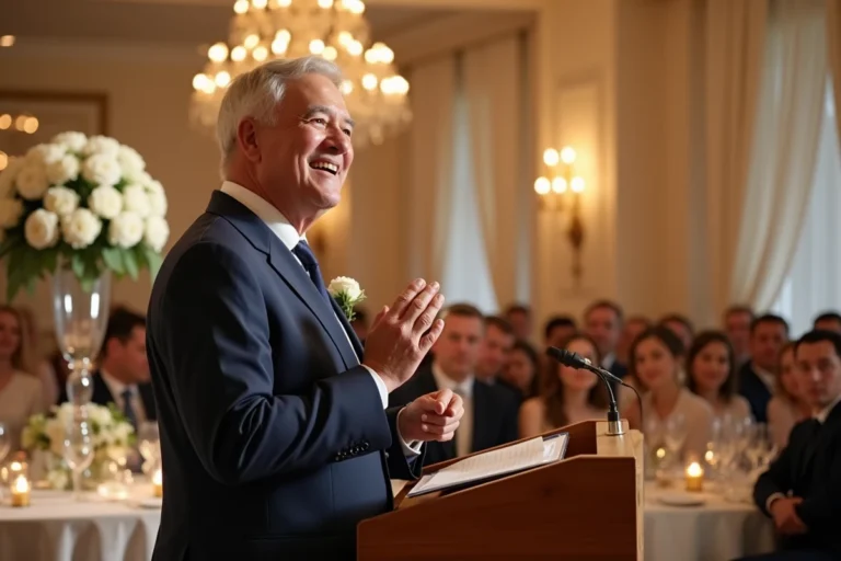 Père du marié faisant un discours humoristique lors d'une réception de mariage élégante