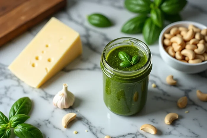 Pot de pesto maison entouré d'ingrédients frais sur un plan de travail en marbre