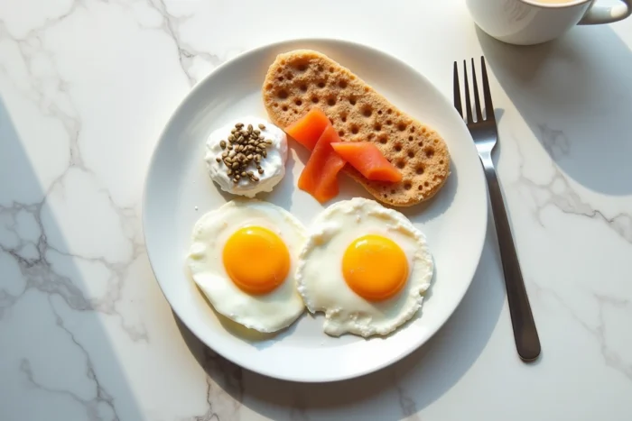 Petit-déjeuner riche en protéines avec œufs pochés, yaourt grec, saumon fumé et crispbread sur une table en marbre