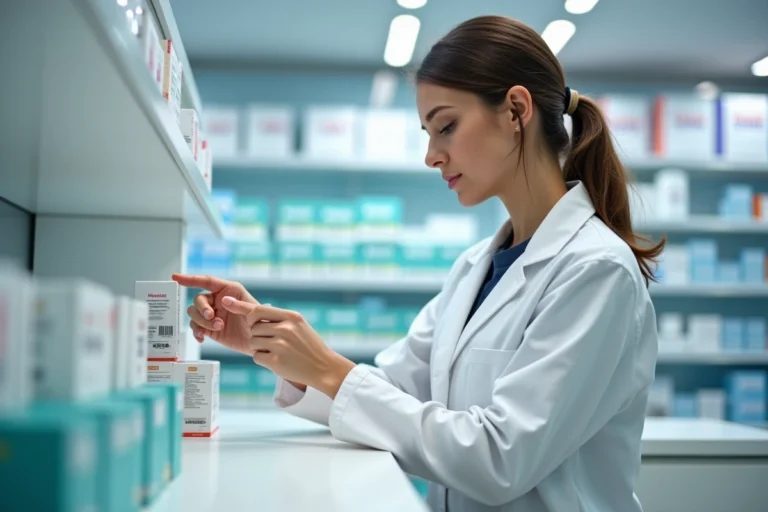 Pharmacienne en blouse blanche pointant le code CIP sur une boîte de médicament dans une officine moderne