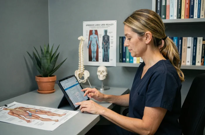Physiothérapeute consultant des dossiers patients numériques dans son bureau de consultation privé