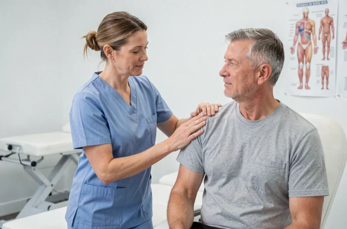 Physiothérapeute évaluant l'épaule d'un patient dans une clinique de réhabilitation moderne