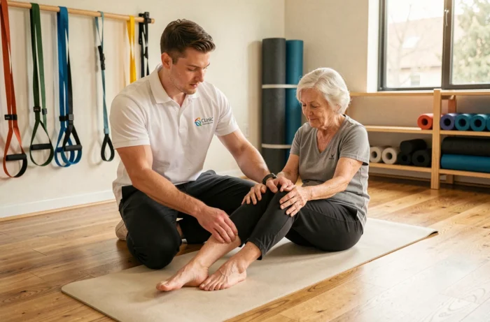 Physiothérapeute guidant une patiente âgée dans des exercices de rééducation du genou