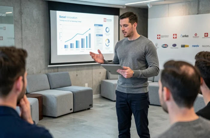 Entrepreneur suisse présentant un pitch de startup devant un public dans un hub d'innovation à Bâle