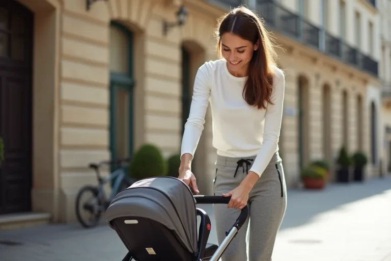 Jeune femme pliant une poussette Trottine 55 sur un trottoir parisien, démonstration du mécanisme de pliage compact