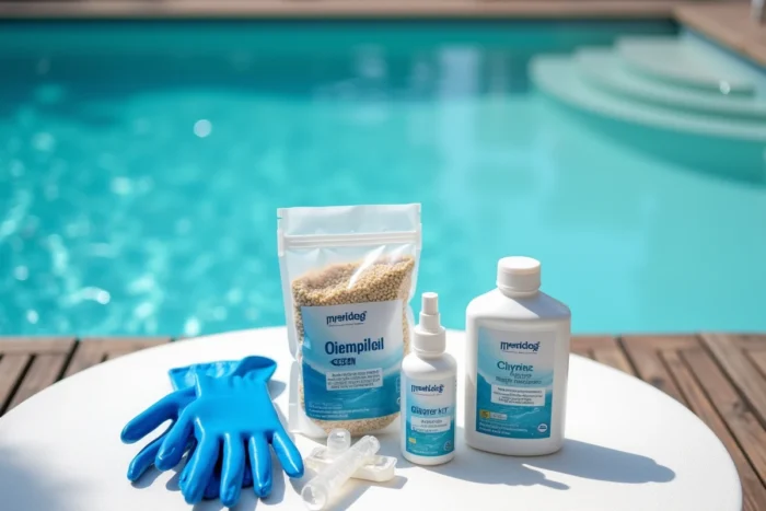 Produits d'entretien piscine chlore choc clarifiant et kit de test présentés sur une table extérieure