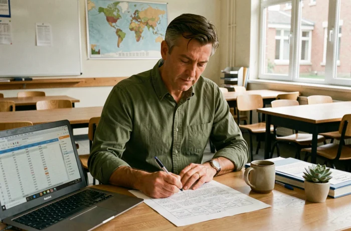 Professeur masculin travaillant sur un plan de classe assis à son bureau avec des dossiers et un ordinateur portable