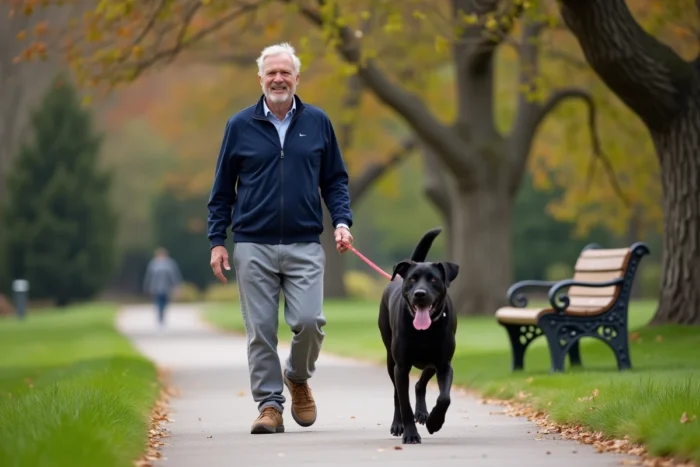 Homme promenant son labrador noir en laisse dans un parc urbain, exercice quotidien du chien