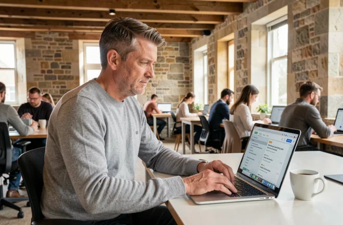 Homem consultando ofertas de emprego em um computador em um espaço de coworking normando, simbolizando a busca por oportunidades profissionais na Manche