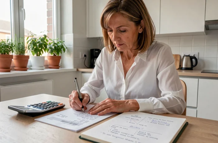 Femme rédigeant une lettre de contestation d'erreur sur quittance de loyer dans sa cuisine