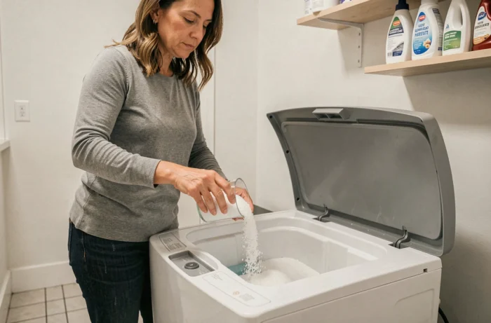 Femme ajoutant du sel de régénération dans le bac à sel d'un adoucisseur d'eau domestique