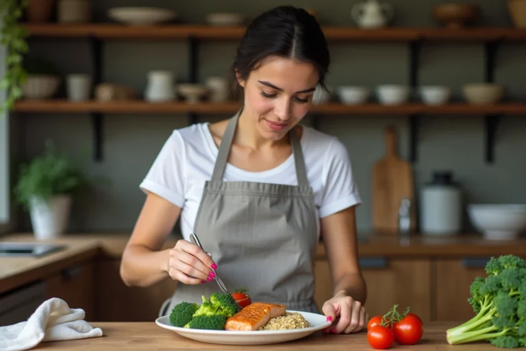 Femme préparant une assiette équilibrée le soir avec saumon, brocoli et quinoa dans une cuisine moderne