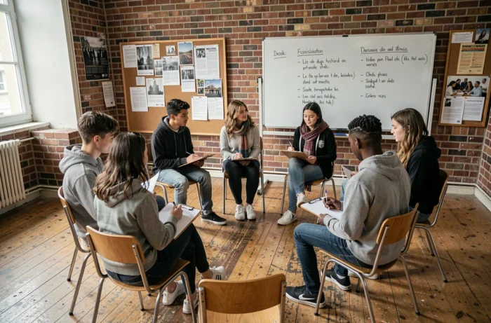 Riunione di un'associazione studentesca impegnata nella solidarietà e nell'aiuto reciproco all'interno di un'università francese