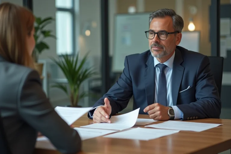 Réunion disciplinaire entre un responsable RH et une employée autour d'un document de sanction dans un bureau d'entreprise moderne