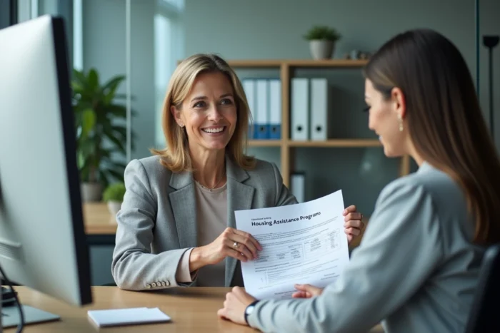Responsable RH expliquant les aides au logement pour mobilité professionnelle à un salarié lors d'un entretien en bureau