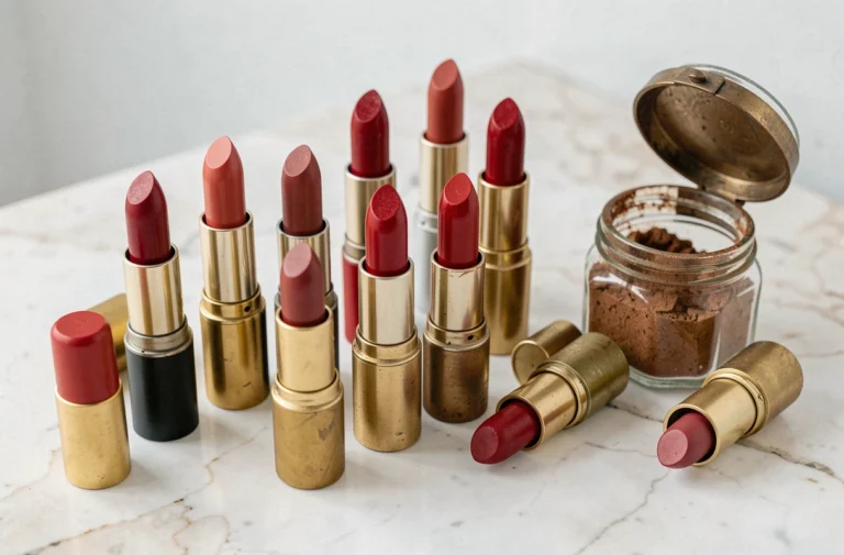Tubes de rouge à lèvres rouge disposés sur marbre blanc avec flacon ingrédients cosmétiques vintage