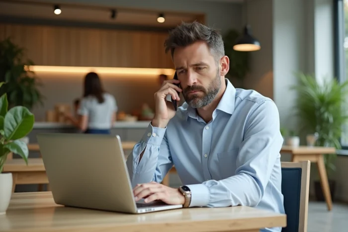 Salarié en mobilité professionnelle travaillant dans l'espace commun d'une résidence services moderne