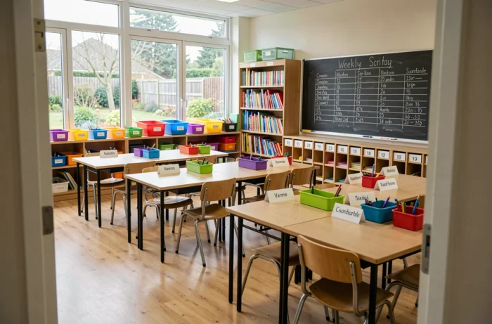 Salle de classe vide parfaitement organisée avec des bureaux étiquetés, des bacs de rangement colorés et un emploi du temps au tableau
