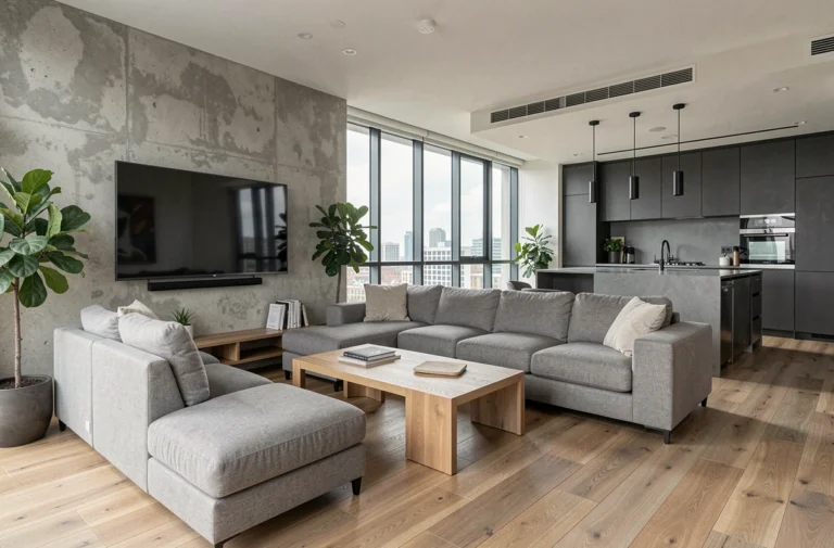 Salon moderne et confortable avec canapé gris, table basse en bois et télévision murale dans un appartement contemporain