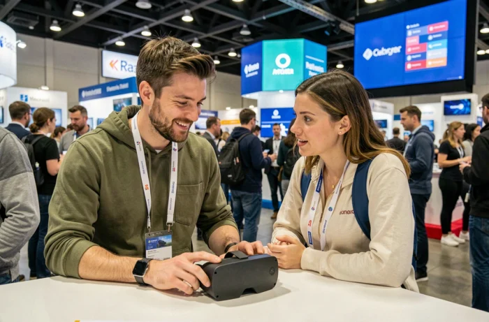 Deux personnes explorant un casque de réalité augmentée lors d'un salon high-tech en 2024