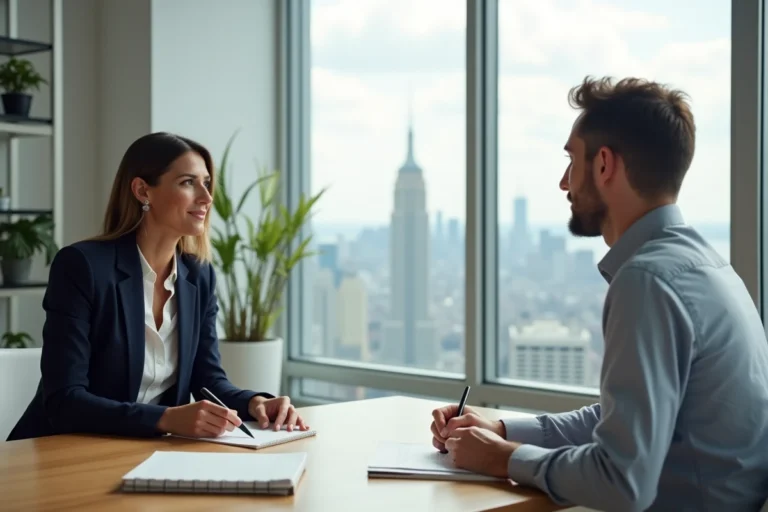 Séance de coaching professionnel entre une coach et son client dans un bureau moderne avec vue sur la ville