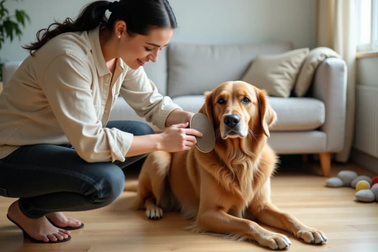 Femme brossant son golden retriever dans un appartement moderne, soin quotidien du chien
