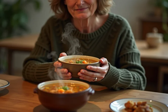 Femme tenant un bol de bouillon chaud de légumes avec les deux mains avant de commencer son repas principal