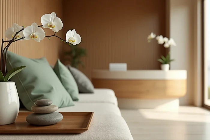 Réception d'un spa de bien-être parisien au décor minimaliste japonais avec pierres naturelles et orchidées blanches