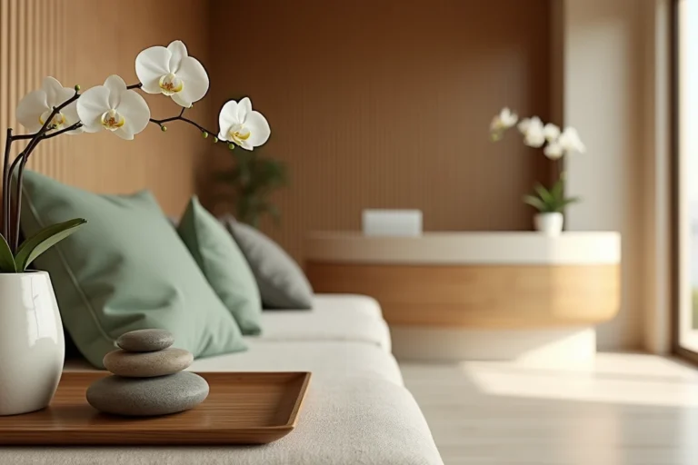 Réception d'un spa de bien-être parisien au décor minimaliste japonais avec pierres naturelles et orchidées blanches