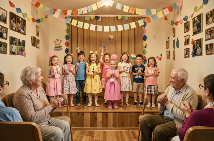Des petits-enfants en costumes improvisés offrant un spectacle-surprise touchant et amusant à leurs grands-parents lors d'un anniversaire de mariage