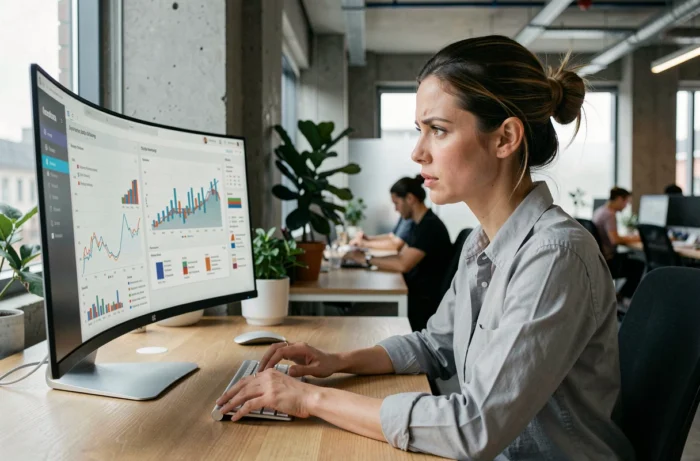 Spécialiste SEO féminine analysant des graphiques de référencement naturel sur un écran d'ordinateur dans un bureau moderne en 2024