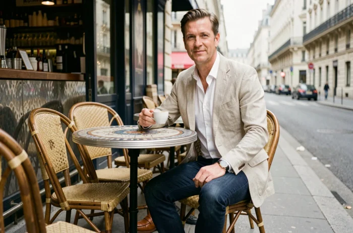 Elegant man in a linen blazer and indigo jeans enjoying an espresso on the terrace of a typical Parisian café