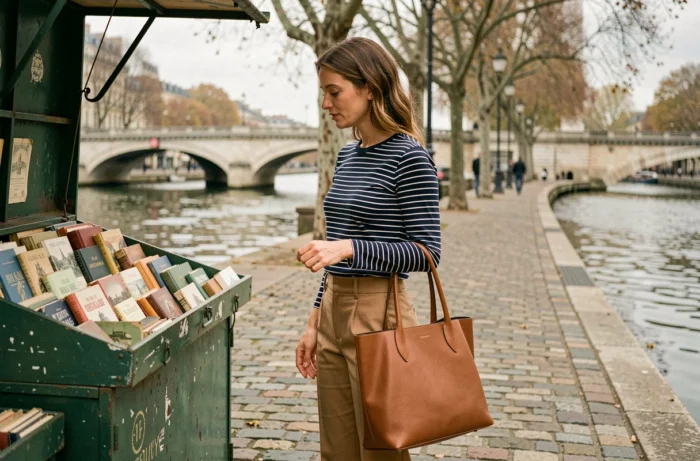 Femme élégante en marinière rayée et pantalon camel feuilletant des livres chez un bouquiniste parisien au bord de la Seine en automne
