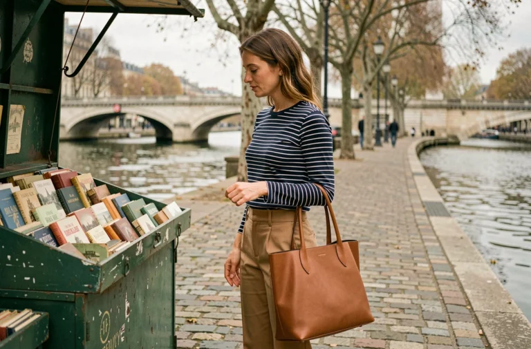 Femme élégante en marinière rayée et pantalon camel feuilletant des livres chez un bouquiniste parisien au bord de la Seine en automne