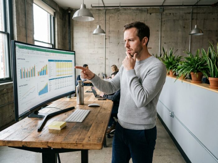 Entrepreneur debout devant un écran de tableau de bord financier dans un espace de coworking moderne